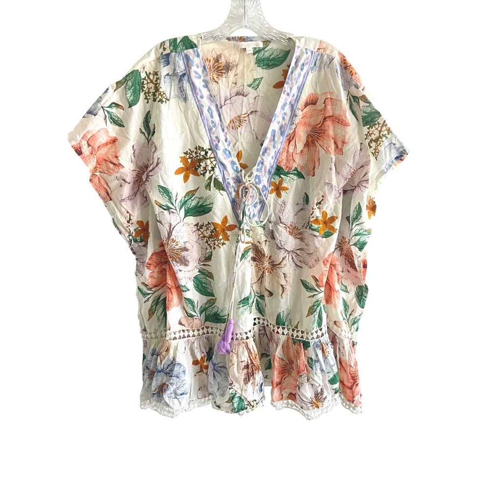Club Moda Floral Cotton Tunic Cover Up Top Lace Up Tassel Ruffle Hem One Size OS